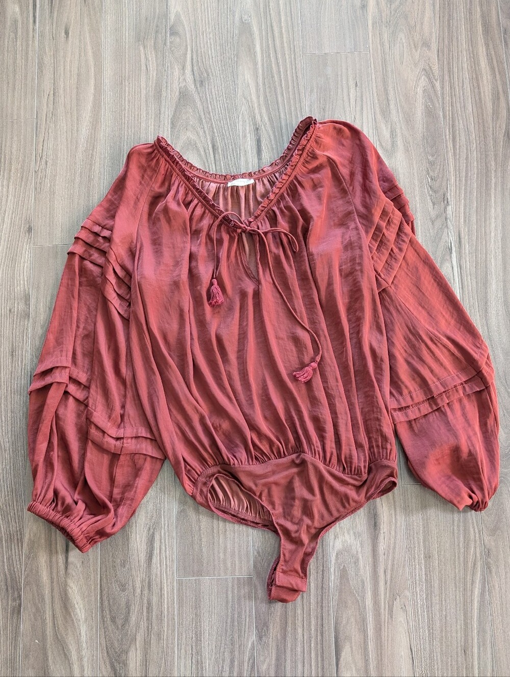 NWT Free People Rust Red Peasant Puff Sleeves Bodysuit Top - Size Medium